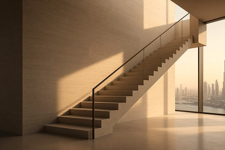 Steintreppe mit Bronzehandlauf in einem lichtdurchfluteten Raum mit Blick auf die Skyline von Dubai