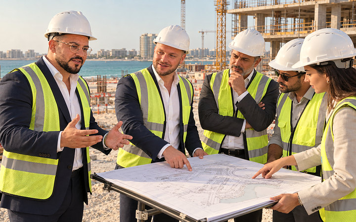 Adrian Kaatz und Dennis Wollenberg mit Schutzhelmen auf einer Baustelle in Dubai, gemeinsam mit Projektbeteiligten über Plänen