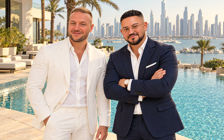 Dennis Wollenberg im weißen Anzug und Adrian Kaatz im dunkelblauen Anzug an einem Pool vor der Skyline der Dubai Marina
