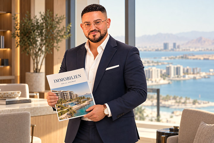 Adrian Kaatz im dunkelblauen Anzug in einem hellen Penthouse mit Meerblick, eine Immobilienbroschüre in der Hand
